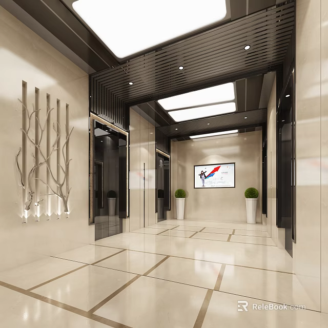 Modern Elevator Lobby Design With Marble Walls Geometric Tiles Art Decor Green Plants And Screen 3d model 