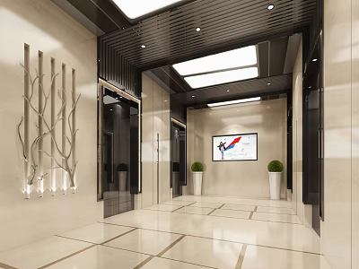 Modern Elevator Lobby Design With Marble Walls Geometric Tiles Art Decor Green Plants And Screen 3d model