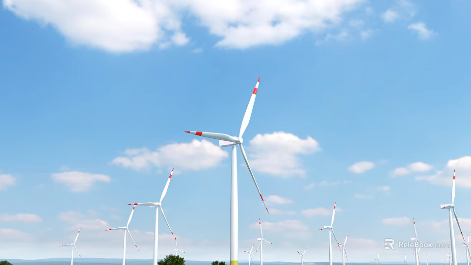 Multiple White Wind Turbine Blades With Red Markings Under Blue Sky And Clouds 3d model 