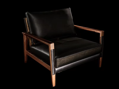 Modern Black Leather Single Sofa With Wooden Armrests and Legs 3d model