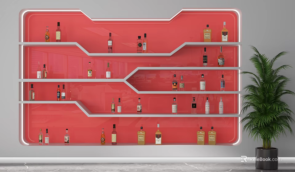 Red Modern Showcase Shelves With Multiple Layers Holding Bottles And Green Plant 3d model 