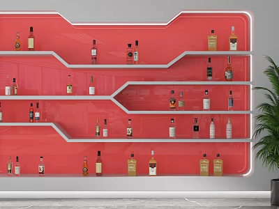 Red Modern Showcase Shelves With Multiple Layers Holding Bottles And Green Plant 3d model