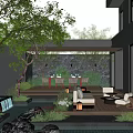 Modern Courtyard Garden With Waterfall Seating Area Wooden Deck And Lush Greenery