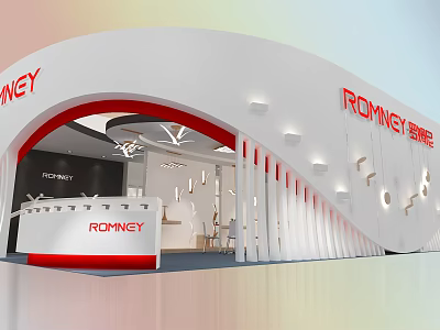 Modern Exhibition Booth Design For ROMNEY With White Red Curved Structure And Reception Desk 3d model