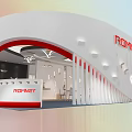 Modern Exhibition Booth Design For ROMNEY With White Red Curved Structure And Reception Desk