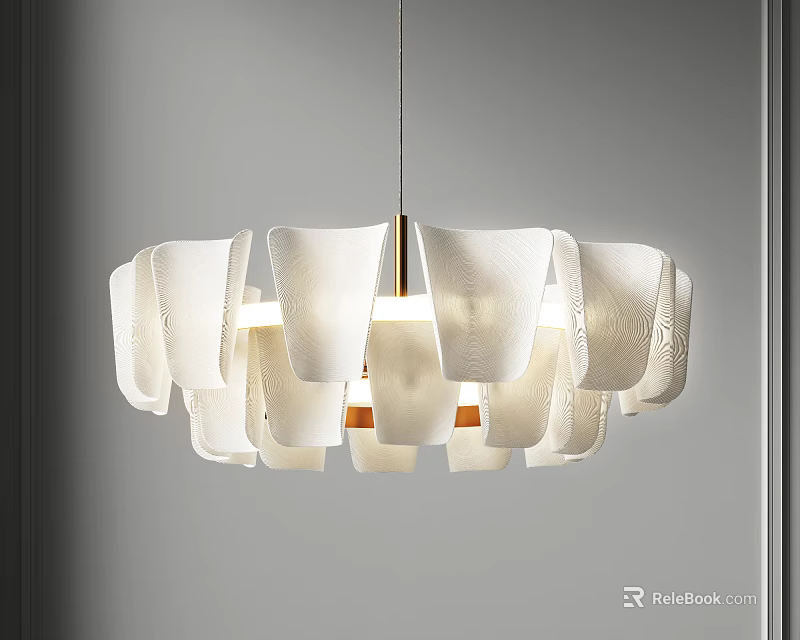Modern Hanging Chandelier with White Leaf Shaped Shades in Circular Arrangement for Interior Decor 3d model 