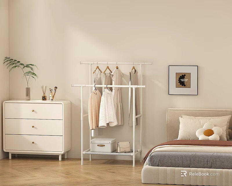 Modern White Clothes Rack in Bedroom with Hanging Clothes White Dresser and Framed 3d model 