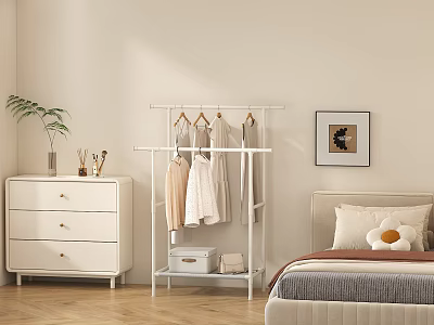 Modern White Clothes Rack in Bedroom with Hanging Clothes White Dresser and Framed 3d model