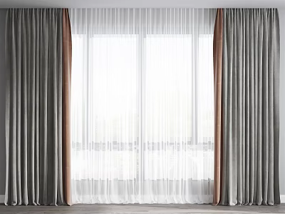 Double Layer Gray Curtains With White Sheer Inner And Decorative Trim For Window 3d model