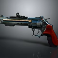 Modern Revolver With Red Wooden Grip Metallic Body Tactical Sight And Decorative Gold Accents