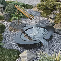 Japanese Style Water Fountain With Stone Basin Flowing Water And Garden Lanterns