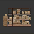 Metal Storage Rack With Multiple Stacked Wooden Crates In Storage Space 3d model