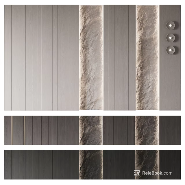 Modern Background Wall Design with Various Textured Stone and Wooden Panels 3d model 