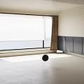 Herringbone Wooden Floor in Bright Room with Large Window Blinds Brown Curtains Black Cabinets and Green Landscape