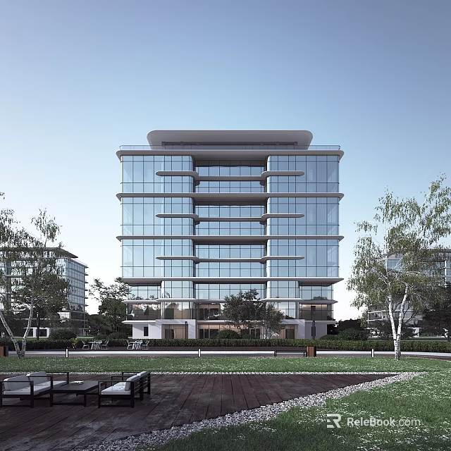 Modern Multi Storey Residential Building With Glass Curtain Wall Greenery And Outdoor Recreational Area 3d model 