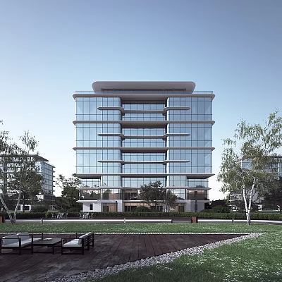 Modern Multi Storey Residential Building With Glass Curtain Wall Greenery And Outdoor Recreational Area 3d model