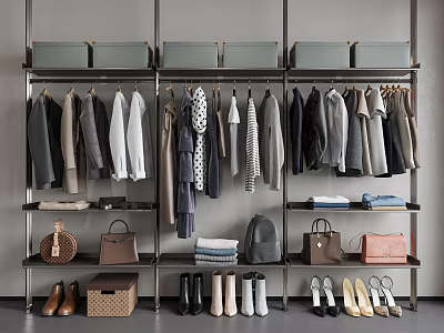 Clothing Closet Display Various Styles Hanging Clothes With Storage Bags And Shoes 3d model