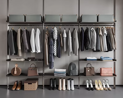 Clothing Closet Display Various Styles Hanging Clothes With Storage Bags And Shoes 3d model