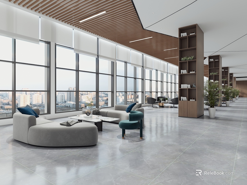 Modern Spacious Lounge Area Interior With Large Windows City View And Comfy Sofa 3d model 