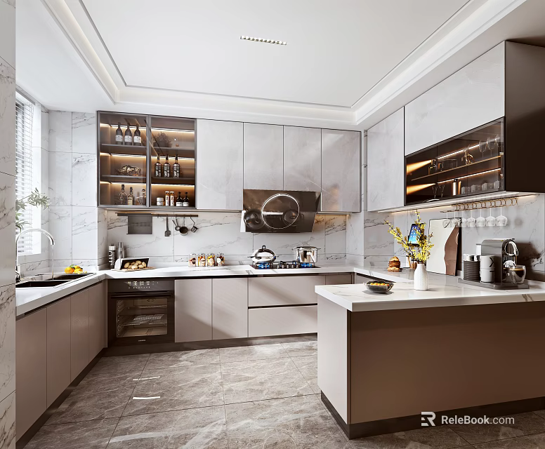 Modern Kitchen Interior Design With Gray Cabinets Marble Island Counter And Appliances 3d model 