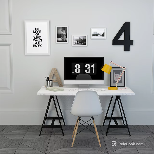 Modern Office Desk Setup With Computer Monitor Yellow Lamp And Decorative Wall Art 3d model 
