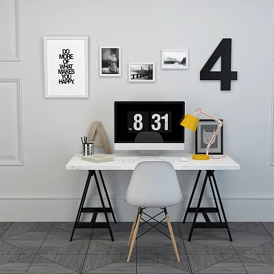 Modern Office Desk Setup With Computer Monitor Yellow Lamp And Decorative Wall Art 3d model