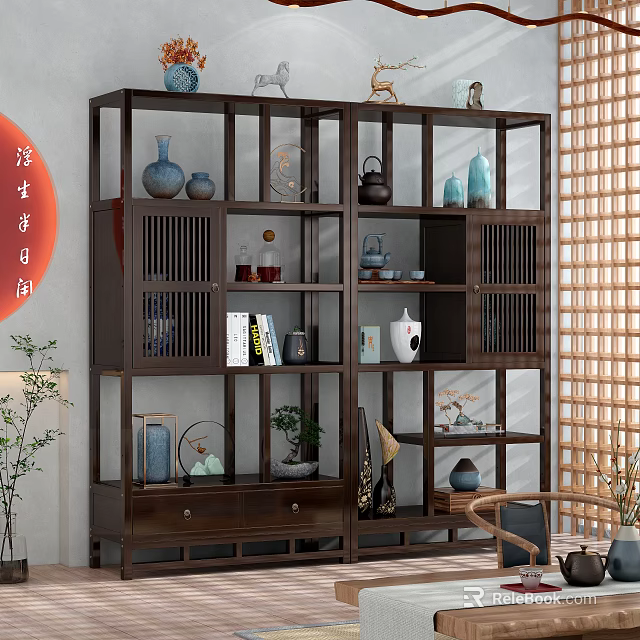Traditional Chinese Wooden Display Shelf With Vases Tea Sets Books And Decorative Items In Interior 3d model 