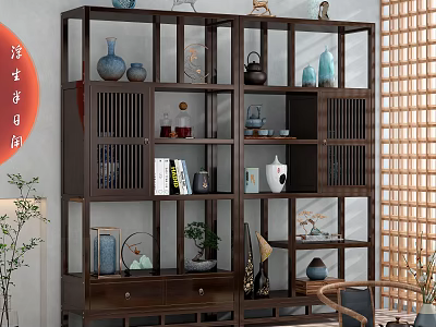 Traditional Chinese Wooden Display Shelf With Vases Tea Sets Books And Decorative Items In Interior 3d model