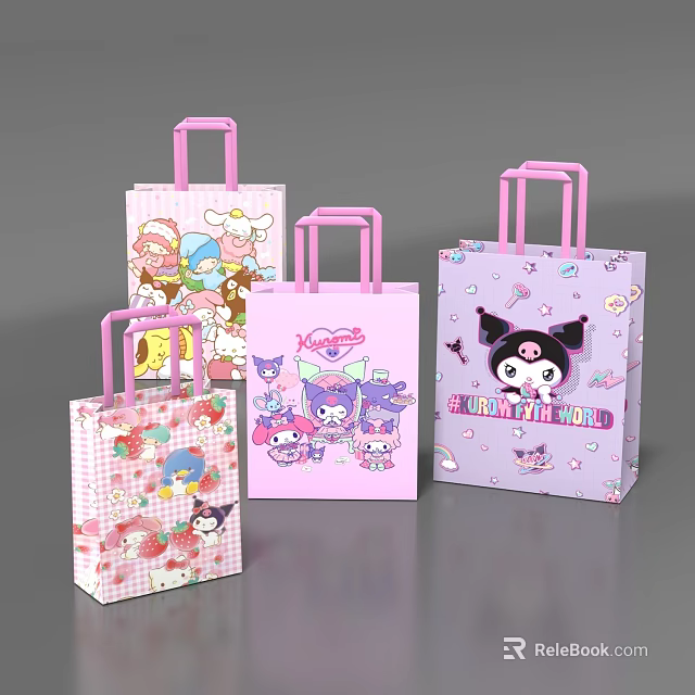 Cute Pink Shopping Bags Featuring Adorable Cartoon Characters And Various Designs 3d model 
