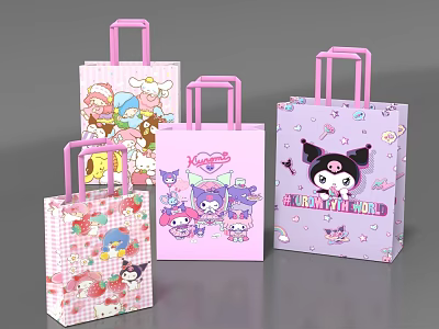Cute Pink Shopping Bags Featuring Adorable Cartoon Characters And Various Designs 3d model