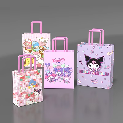 Cute Pink Shopping Bags Featuring Adorable Cartoon Characters And Various Designs 3d model