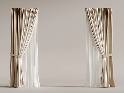 Beige Double Layer Curtains With Linen Fabric And Sheer Panels And Tiebacks 3d model