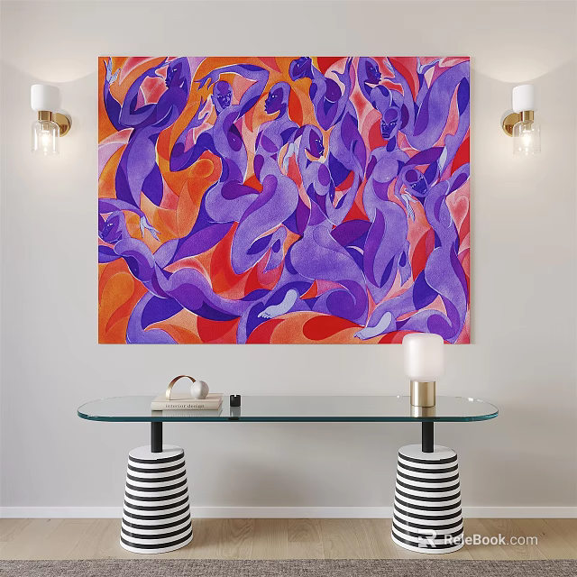Abstract Purple Orange Painting Above Glass Console Table With Striped Legs And Wall Sconces 3d model 