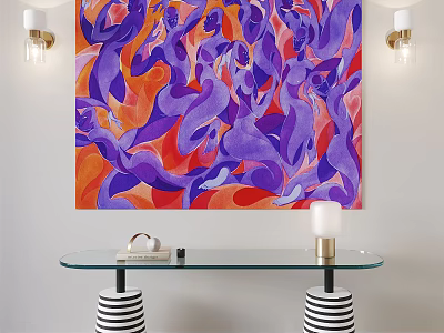 Abstract Purple Orange Painting Above Glass Console Table With Striped Legs And Wall Sconces 3d model