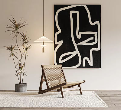 Abstract Painting Wall Art in Modern Interior with Rattan Chair and Potted Plant 3d model