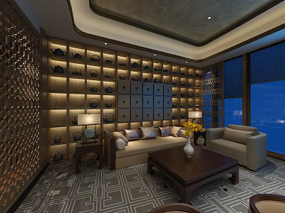 Traditional Chinese Clubhouse Lounge With Decorative Wall Sofa Set Coffee Table And Ambient Lighting 3d model