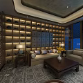 Traditional Chinese Clubhouse Lounge With Decorative Wall Sofa Set Coffee Table And Ambient Lighting