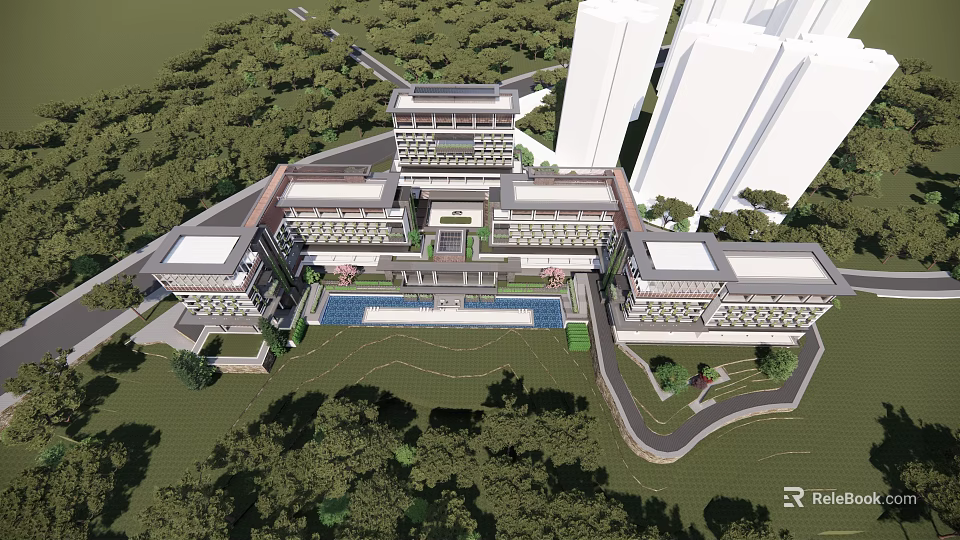 Modern Building Complex With Greenery Trees Central Pool And Courtyard 3d model