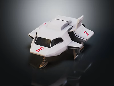 White Futuristic Geometric Craft With Red Logo And Landing Gear On Dark Reflective Surface 3d model