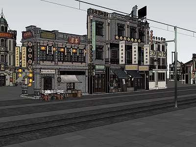 Historic Commercial Street With Traditional Style Buildings Shops Signboards and Tracks 3d model