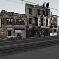 Historic Commercial Street With Traditional Style Buildings Shops Signboards and Tracks