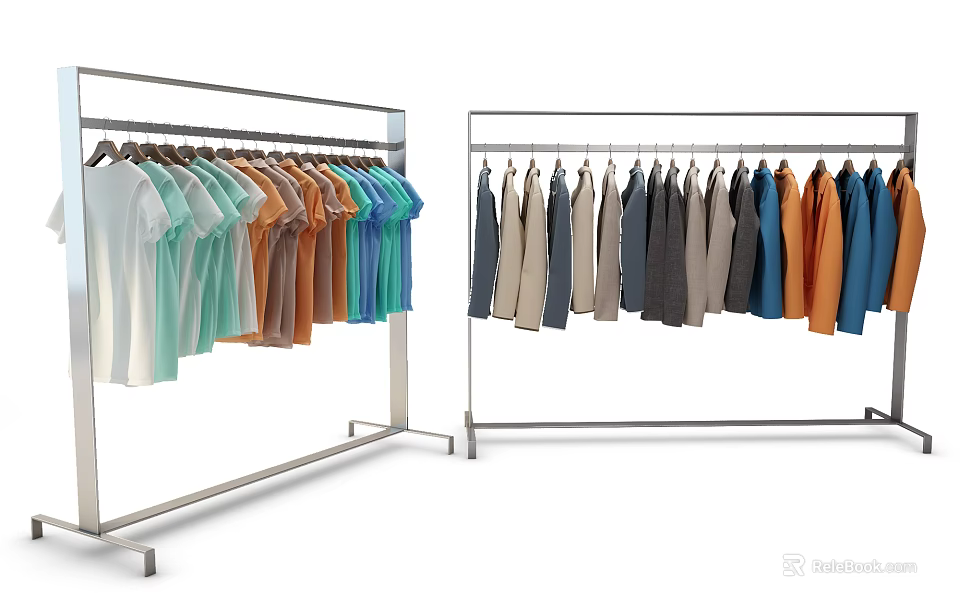 Colorful Clothes on Metal Racks Including T Shirts and Long Sleeve Styles 3d model 