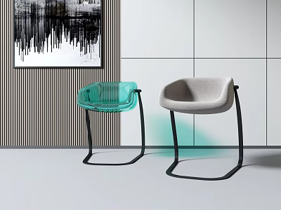 Modern Green Transparent Light Gray Leisure Chairs with Black Metal Frames Abstract Painting 3d model