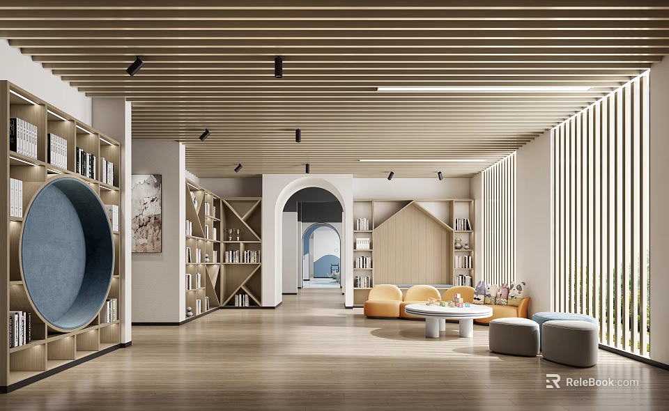 Modern Reading Area With Wooden Ceiling Bookshelves Round Blue Seating Sofa And Arched Doorway 3d model 