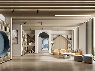 Modern Reading Area With Wooden Ceiling Bookshelves Round Blue Seating Sofa And Arched Doorway 3d model