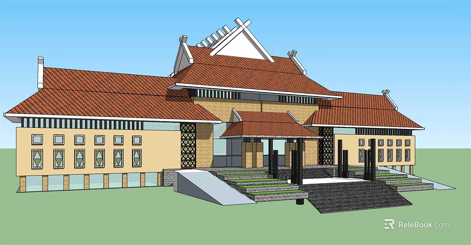 Traditional Chinese Style Hotel Building With Red Tile Roof Yellow Facade And Glass Windows 3d model 