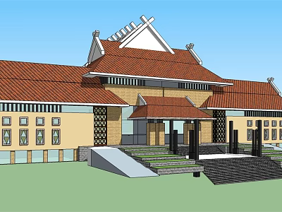Traditional Chinese Style Hotel Building With Red Tile Roof Yellow Facade And Glass Windows 3d model