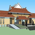 Traditional Chinese Style Hotel Building With Red Tile Roof Yellow Facade And Glass Windows