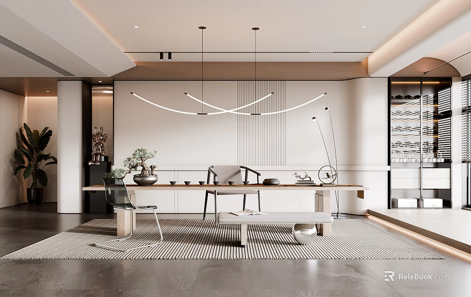 Modern Tea Room Interior Design With Long Wooden Table Chairs Pendant Lights And Green Plants 3d model 