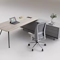 Modern Office Desk And Gray Chair Set With Laptop Side Cabinet Vase Green Plants